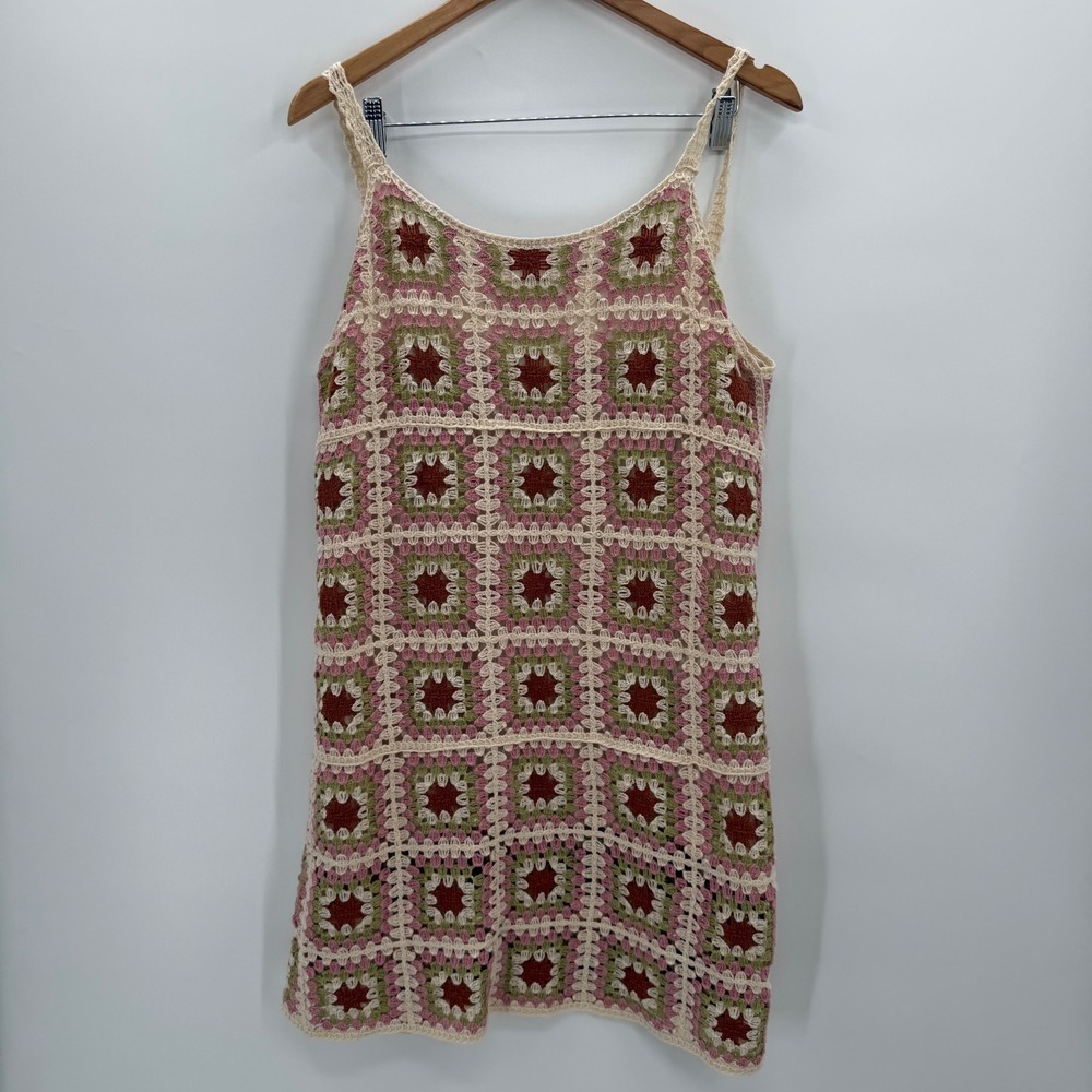 Endless Blu Granny Square Crochet Mini‎ Dress Womens Size Large Festival Boho